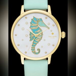 Kate Spade Seahorse Metro Watch Gold Pearl Dial Ocean Blue Leather Strap